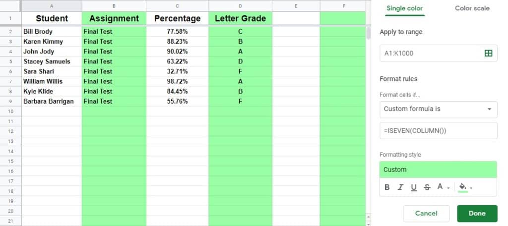 How to color cells, and alternate row colors in Google Sheets