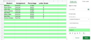 An example of how to alternate row color in Google Sheets by using a conditional formatting custom formula