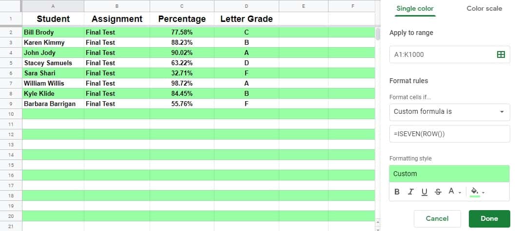 Alternating Row Color In Google Sheets With Conditional Formatting 