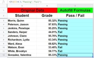 An example of how to copy a formula down an entire column in Google Sheets by using the IF function- Part 2 after dragging the fill handle down