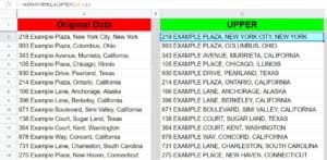 An example of how to make a column of text uppercase in Google Sheets, by using the UPPER function and the ARRAYFORMULA function- Changing addresses to uppercase letters