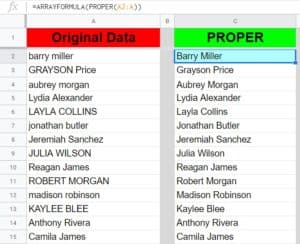 An example that teaches how to make the first letter of words uppercase in an entire column by using the ARRAYFORMULA function and the PROPER function in Google Sheets