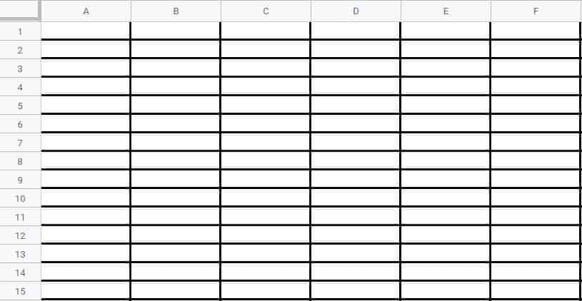 Default column width in Google Sheets- An example of evenly spacing columns, before the columns have been adjusted (Part 1)