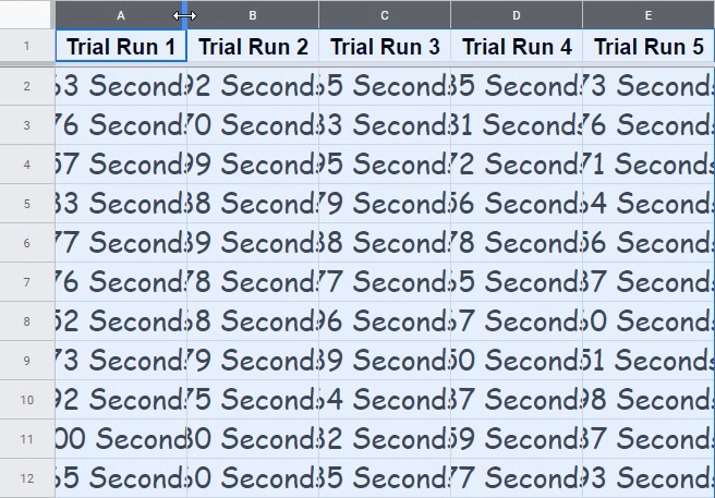 Multiple columns selected in Google Sheets, with the cursor in the correct position to space and resize all columns