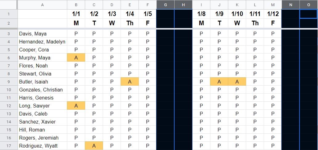 Multiple, non-adjacent columns selected in Google Sheets