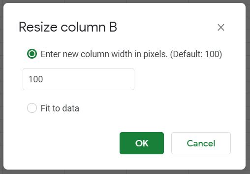 The menu option in Google Sheets that allows you to resize columns by pixel