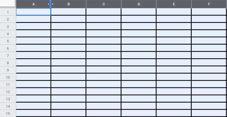 A selection of multiple columns in Google Sheets- The cursor hovering at the top of column before resizing, with horizontal arrows pointing left and right