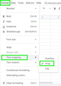 Wrap text options in the Google Sheets format menu | Spreadsheet Class