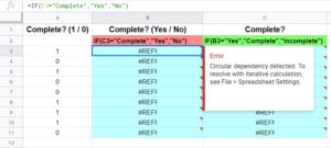 An example that shows how to resolve the Google Sheets "Circular dependency detected" error part 1- One wrong formula that is causing two errors