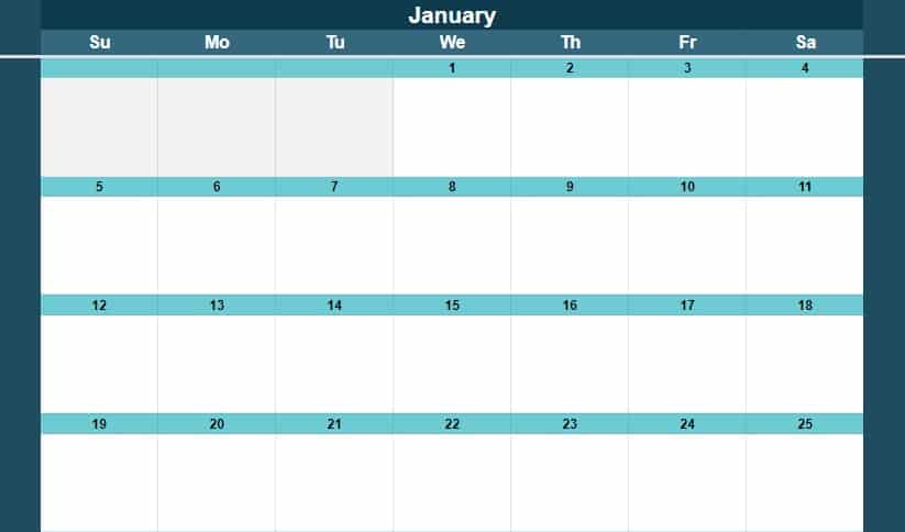 Exemple du modèle de calendrier mensuel Google Sheets en pleine taille par SpreadsheetClass.com