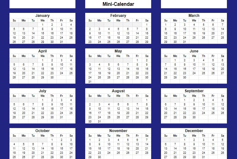 Exemple du modèle de calendrier annuel Google Sheets par SpreadsheetClass.com, version miniature avec une année entière sur une page