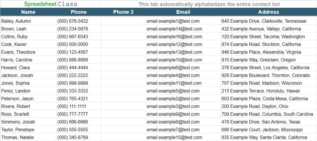 Contact List Template For Google Sheets With Built In Search