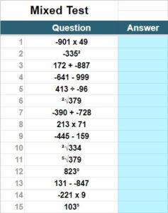 An example of a worksheet in the Google Sheets math worksheets template, which has the difficulty settings turned up