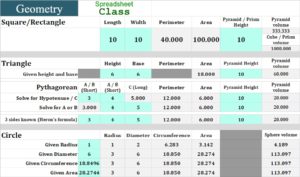 An example of the geometry tab in the Google Sheets math problem solver template