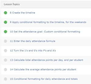 Examples of the lessons and topics that are in the Google Sheets dashboards and data analytics course