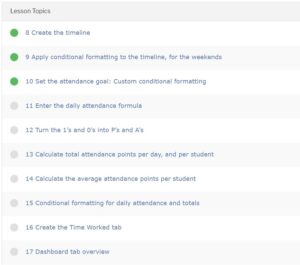 Examples of the lessons and topics that are in the Google Sheets dashboards and data analytics course