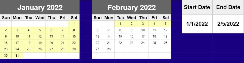 Exemple du modèle de calendrier automatique Google Sheets par SpreadsheetClass.com
