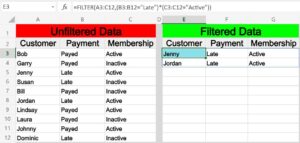 Example of filtering by multiple conditions in Excel by using the FILTER function- Basic example (AND Logic)