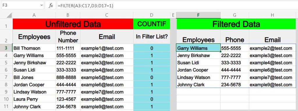 Example of how to filter based on a list from another sheet in Excel- Unfiltered source data and formula on the same sheet (Tab 1)