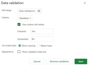 An example of how to create a checkbox in Google Sheets with data validation part 2 in the data validation menu