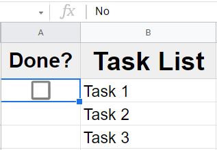 An example of custom data validation checkbox in Google Sheets where the unchecked checkbox says no, and the checked checkbox says yes