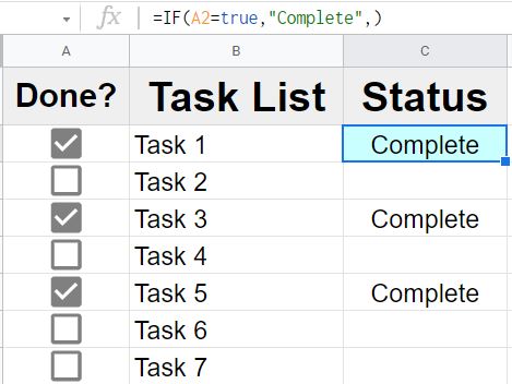 An example of using the IF function to interact with the checkbox status in Google Sheets by SpreadsheetClass.com