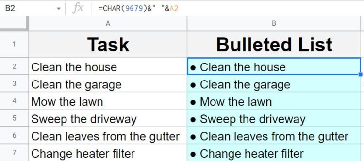 How To Combine Existing Text In A Column With Bullet Points By Using The CHAR Formula And Operator In Google Sheets 750x332 