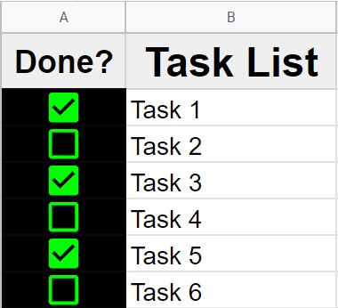 An example of how to format checkboxes in Google Sheets with varying sizes and color