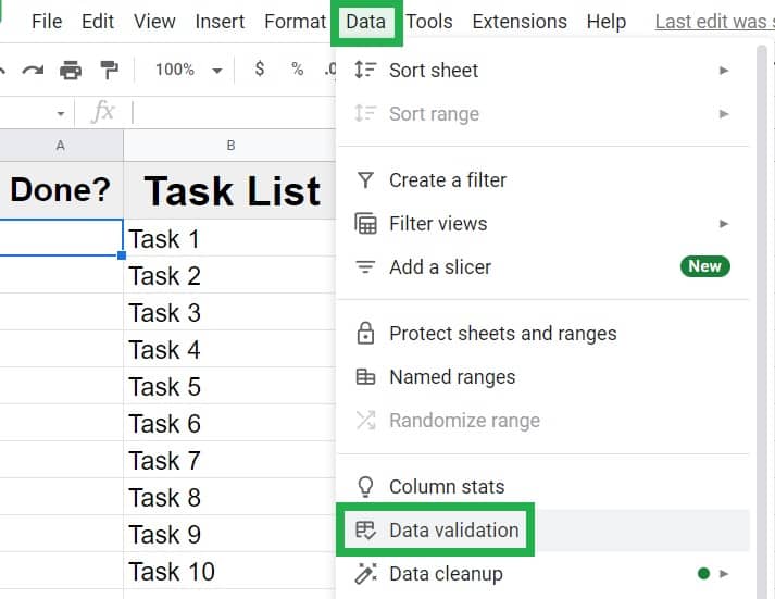 An example of how to insert a checkbox with data validation in Google Sheets