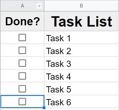 An example of how to paste a checkbox into an entire column in Google Sheets (Lesson and content created by spreadsheetclass.com)