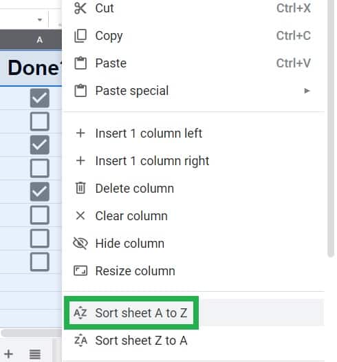 An example of how to sort by checkboxes manually in Google Sheets