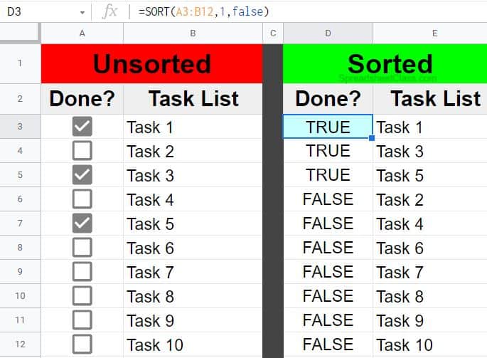 An example of how to sort by checkboxes with the SORT formula in Google Sheets