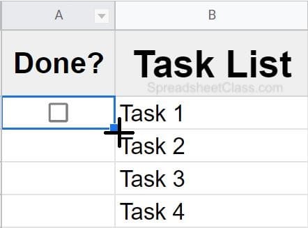 An example of how to use autofill to fill checkboxes in Google Sheets with the fill handle