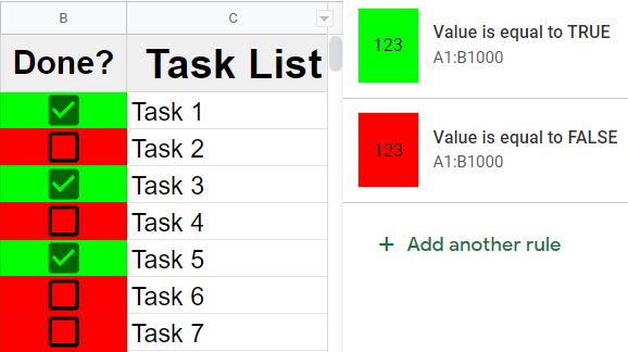 An example of how to use conditional formatting to automatically format and color checkboxes based on true or false state in Google Sheets