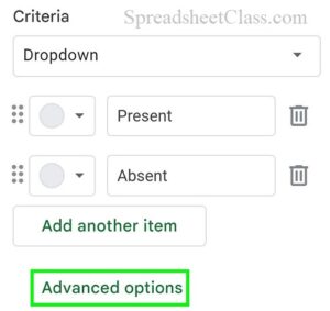 Example of data validation drop down advanced options in Google Sheets NEW