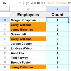 Example of how to highlight duplicates from another sheet in Google Sheets