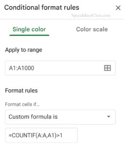 Example of how to highlight duplicates in Google Sheets by using conditional formatting custom formula is rule