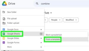 Example of Google Drive, clicking on "Google Sheets", and then clicking "From a template" to access the Google Sheets Template gallery