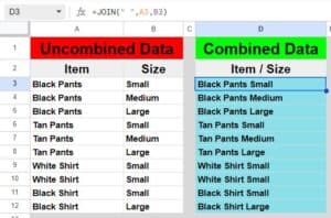 Example of how to combine columns and cells horizontally with the JOIN function in Google Sheets