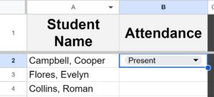 Example of removing a drop down and data validation in Google Sheets, before removing drop down NEW