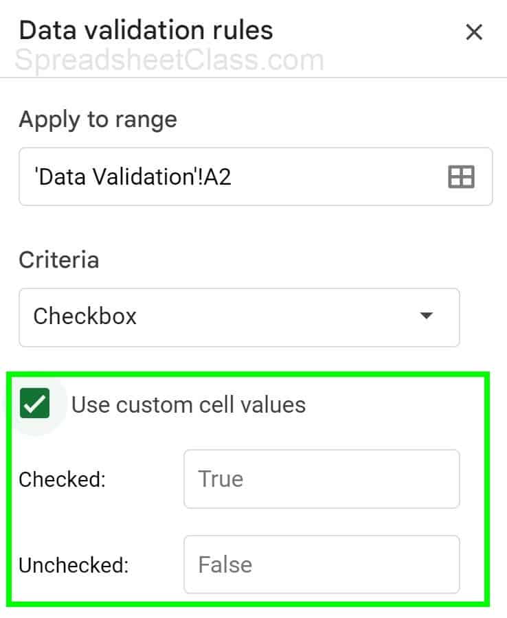 An example of choosing custom values when inserting a checkbox with data validation in Google Sheets
