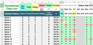 Example of the Excel calculated attendance tracker template