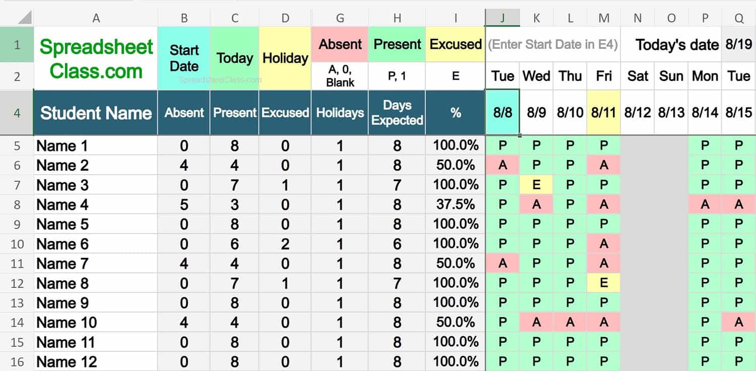 Excel Calculated Attendance Tracker Template Example Image For Excel