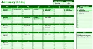 Example of the automatic calendar with a to-do list and a checklist for Google Sheets (dark green version)