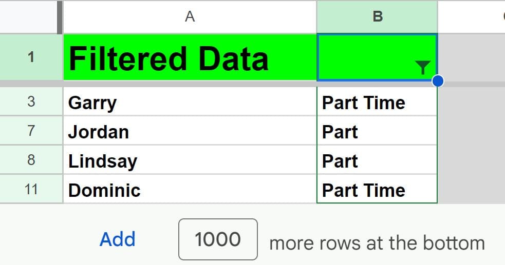 Basic example filter text contains in Google Sheets after filtering