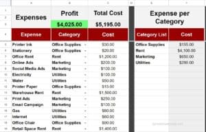 Example of the expenses section of the sales and expenses tracker template for Google Sheets