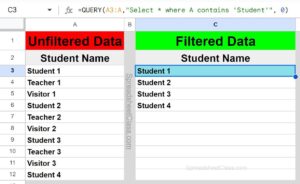 An example of how to filter where contains partial text in Google Sheets QUERY