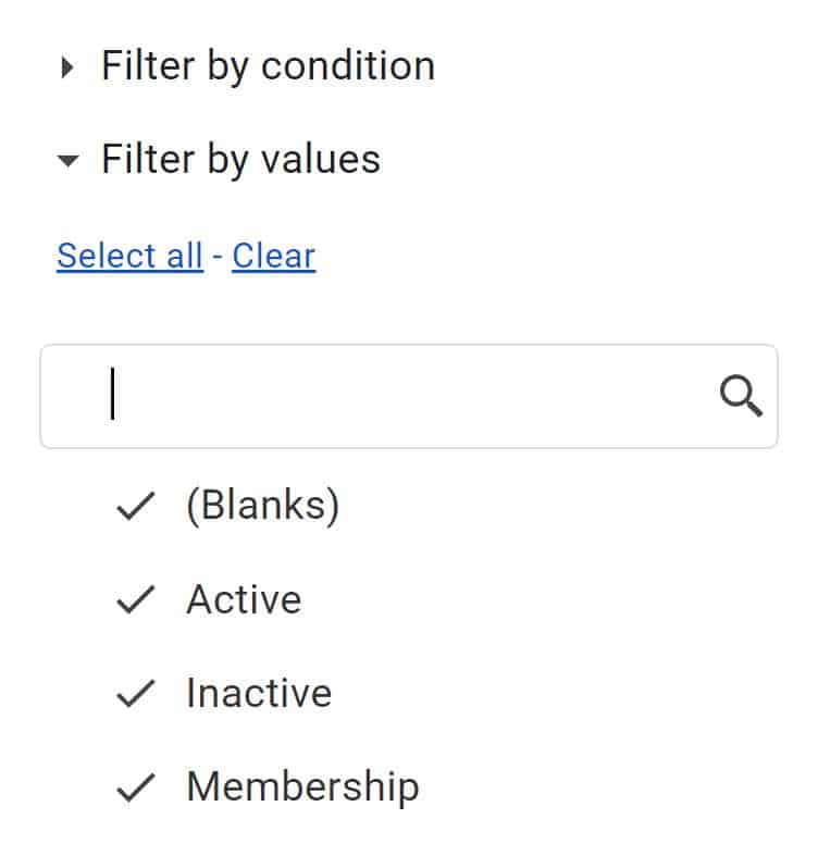 Google Sheets filter menu all criteria selected by default before choosing criteria