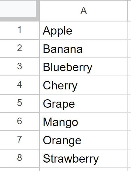 Example of how to alphabetize in Google Sheets (Data after sorting data in ascending without formula)