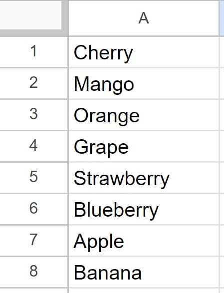 Example of how to alphabetize in Google Sheets (Data before sorting without formula)